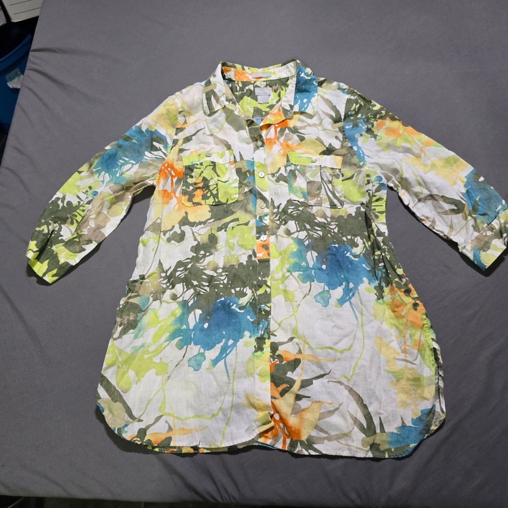 Chico's Linen Tunic Women 2 Size 12 Green Abstract Floral No Iron Button Up
